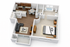 Modern 3D floor plan highlighting a spacious one-bedroom layout with an open-concept kitchen, cozy living area, and elegant bathroom.