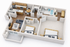 Contemporary apartment 3D floor plan featuring two well-lit bedrooms, a stylish open-concept kitchen with dining area, a cozy living space, and a modern bathroom. Includes a charming balcony for outdoor relaxation.