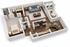 Chic 3D apartment layout showcasing a cozy living room, elegant kitchen, inviting bedroom, and convenient laundry area.