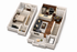 Modern two-level 3D floor plan featuring a cozy bedroom, inviting living area, and sleek kitchen with dining space.
