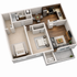 Modern floor plan showcasing 1 bedroom, spacious open-concept kitchen with dining area, cozy living room, and balcony access.
