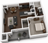Modern 3D floor plan showcasing an elegant apartment with a spacious bedroom, open-concept living and dining area, sleek kitchen with island, and a cozy bathroom.