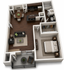 Sophisticated 3D floor plan with a cozy bedroom suite, open-concept living and dining area, modern kitchen with island, and a private balcony retreat.