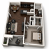 Modern 3D apartment layout featuring one bedroom, open-concept living and dining area, sleek kitchen with island, and elegant bathroom, all with stylish dark wood flooring.