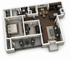 Modern 3D floor plan showcasing a spacious one-bedroom apartment with an inviting living area, elegant office space, and a stylish kitchen with dark wood flooring.
