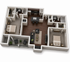 Elegant 3D floor plan showcasing two bedrooms, an inviting open-concept living area, and modern kitchen, complete with stylish hardwood flooring and a cozy balcony.