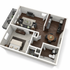 Modern 3D floor plan featuring 1 bedroom, a cozy living room, stylish kitchen, and a spacious balcony.