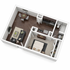 Inviting 3D floor plan showcasing a cozy one-bedroom apartment with an open-concept living and dining area, modern kitchen, and elegant bathroom.