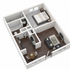 Modern 3D floor plan showcasing a single-bedroom apartment with open living and dining area, elegant kitchen, and spacious bathroom.