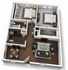 Modern 2-bedroom apartment floor plan with open kitchen, cozy living room, and stylish decor.