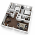 Modern 3D floor plan showcasing 2 bedrooms, a stylish open dining area, and inviting living room with hardwood floors.