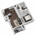 Contemporary 3D floor plan of a one-bedroom apartment featuring an inviting open-concept kitchen and living area, modern bathroom, and cozy bedroom.