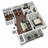 Modern 3D floor plan featuring a spacious bedroom, stylish living room, and contemporary kitchen with adjacent dining area. Includes sleek balcony space for relaxation.