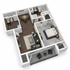 Modern 3D apartment floor plan featuring a cozy bedroom, open living and dining area, sleek kitchen, and private balcony.
