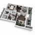 Elegant 3D floor plan showcasing a modern apartment with one spacious bedroom, inviting living room, sleek kitchen, and stylish dining area, complemented by a private balcony.