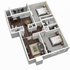 Elegant 3D floor plan showcasing two bedrooms, a cozy living area, a modern kitchen with dining space, and a private balcony.