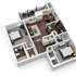 Elegant 3D floor plan featuring two spacious bedrooms, a modern kitchen, open-concept living area, and a stylish balcony for relaxation.