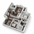 Sophisticated 3D floor plan featuring two cozy bedrooms, a modern kitchen, stylish open-concept living area, and a chic dining space.