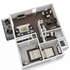 Modern 3D floor plan showcasing a spacious 2-bedroom apartment with an open-concept living area, elegant dining space, and private balcony.