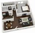 Modern 3D apartment floor plan showcasing a spacious bedroom, open-concept living and dining area, and a sleek kitchen with dark wood flooring.