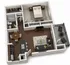 Modern floor plan displaying a spacious one-bedroom apartment with an elegant living area, open-concept kitchen, luxurious bathroom, and private balcony.