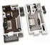 Chic and modern 3D floor plan showcasing an elegant open-concept kitchen and living area downstairs, with a spacious master bedroom suite upstairs and outdoor balconies.