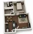 Modern one-bedroom apartment floor plan showcasing an open-concept living and dining area, stylish kitchen, spacious bedroom, and luxurious bathroom.