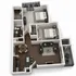 Contemporary 3D floor plan featuring two spacious bedrooms, an open-concept living and dining area, a modern kitchen with island seating, and a cozy balcony.