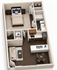 Chic 1-bedroom apartment floor plan featuring a sleek modern kitchen, cozy living area, and convenient laundry space. Ideal for stylish urban living.