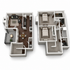 Chic 3D floor plan displaying a modern two-story apartment with two bedrooms, open-concept living area, and an elegant kitchen.
