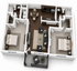Contemporary 3D floor plan of a modern apartment featuring two spacious bedrooms, a cozy living area, a dining space, and a stylish kitchen, complete with two bathrooms and a charming balcony.