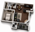 Modern 3D floor plan showcasing one-bedroom apartment with open-concept kitchen and living area, including a cozy balcony and stylish bathroom.