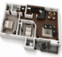 Charming 3D floor plan showcasing two bedrooms, luxurious wooden flooring, an elegant kitchen, cozy living area, and a stylish dining space.