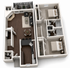 Modern 3D floor plan showcasing two spacious bedrooms, an elegant living room, open dining area, and a sleek kitchen with a breakfast bar, perfect for contemporary living.