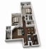 Modern 3D floor plan showcasing 2 bedrooms, 2 bathrooms, a cozy living area, and an open kitchen with sleek dark wood flooring.