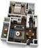 Modern 3D apartment floor plan featuring a cozy bedroom, spacious living room with stylish furnishings, open-concept kitchen, and a private balcony for relaxation.