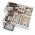 Modern 3D floor plan featuring two spacious bedrooms, elegant open-concept living area, sleek kitchen, dual bathrooms, and a cozy private balcony.