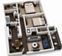 Modern 3D floor plan showcasing 2 bedrooms, elegant living area, dining space, and a sleek kitchen with dark wood flooring.