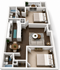 Elegant 3D floor plan showcasing two spacious bedrooms, a modern kitchen with marble countertops, and an inviting living area with balcony access.