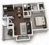 Modern 3D floor plan showcasing one-bedroom apartment with an open-concept living area, stylish kitchen, and inviting balcony space.