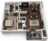Modern 3D floor plan showcasing a cozy one-bedroom apartment with an open-concept living and dining area, a sleek kitchen, and a private balcony.