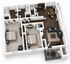 Elegant 3D floor plan showcasing two spacious bedrooms, a modern kitchen with dining area, and a stylish living room with balcony access.