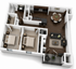 Elegant 3D apartment floor plan showcasing 2 spacious bedrooms, modern kitchen, inviting living area, cozy dining space, and stylish bathroom design.