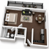 Modern open-concept apartment floor plan featuring one spacious bedroom, elegant living area, stylish kitchen, and private balcony.