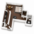 Modern 1-bedroom apartment with sleek kitchen, cozy dining area, stylish living space, and elegant bathroom.