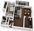 Modern 1-bedroom apartment floor plan featuring open living and dining area, cozy kitchen, and private balcony.
