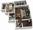 Modern 3D apartment floor plan with a cozy bedroom, stylish open-concept living area, sleek kitchen, and elegant balcony seating.