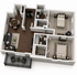 Modern 3D floor plan showcasing two spacious bedrooms, a cozy living room with stylish furniture, an elegant dining area, a sleek kitchen, and a charming balcony.