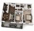 Modern 3D floor plan showcasing a stylish apartment with two bedrooms, a sleek kitchen, cozy living room, and spacious balcony. Ideal for comfortable urban living.