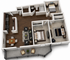 Modern 3D floor plan showcasing two cozy bedrooms, a stylish open-concept living and dining area, a sleek kitchen, and a spacious balcony.